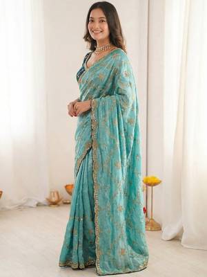 turquoise embellished embroidered organza heavy work saree 3