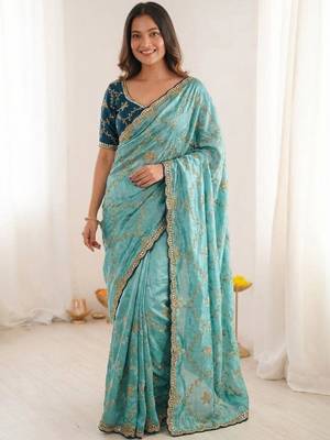 turquoise embellished embroidered organza heavy work saree 4