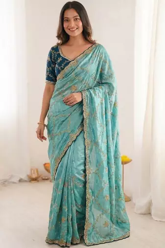turquoise embellished embroidered organza heavy work saree