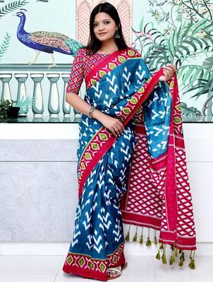 blue ethnic motifs ikat saree 1