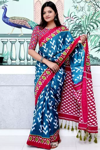 blue ethnic motifs ikat saree
