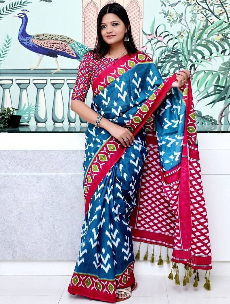 blue ethnic motifs ikat saree