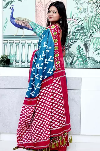 blue ethnic motifs ikat saree