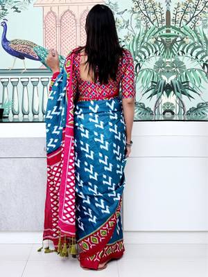 blue ethnic motifs ikat saree 3