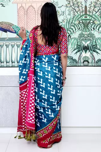 blue ethnic motifs ikat saree