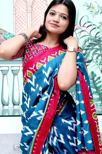 blue ethnic motifs ikat saree