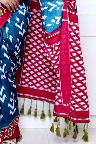 blue ethnic motifs ikat saree