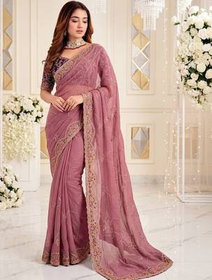 mauve floral embroidered poly georgette heavy work saree 1