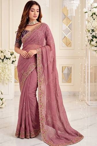 mauve floral embroidered poly georgette heavy work saree