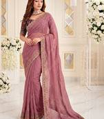 mauve floral embroidered poly georgette heavy work saree