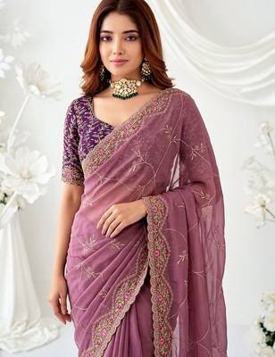 mauve floral embroidered poly georgette heavy work saree 2