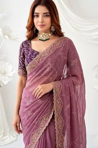 mauve floral embroidered poly georgette heavy work saree