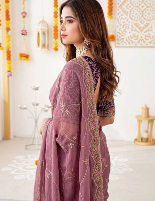 mauve floral embroidered poly georgette heavy work saree 3