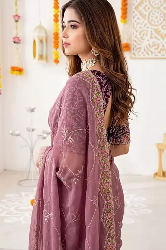 mauve floral embroidered poly georgette heavy work saree