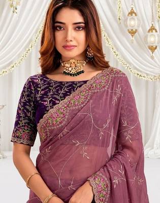 mauve floral embroidered poly georgette heavy work saree 4