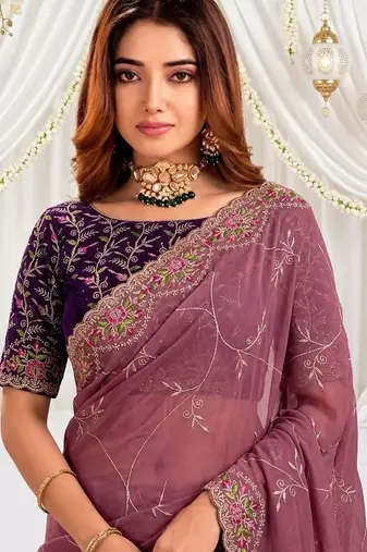 mauve floral embroidered poly georgette heavy work saree