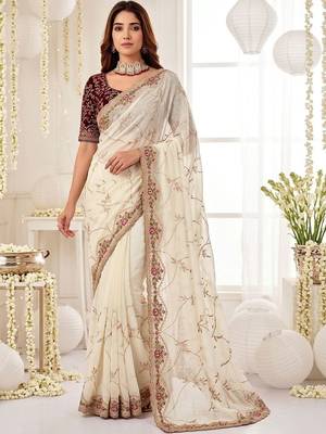 off_white floral embroidered poly georgette heavy work saree 1