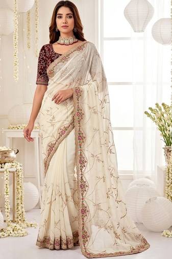 off_white floral embroidered poly georgette heavy work saree