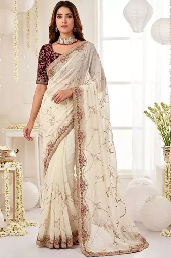 off_white floral embroidered poly georgette heavy work saree