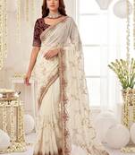 off_white floral embroidered poly georgette heavy work saree