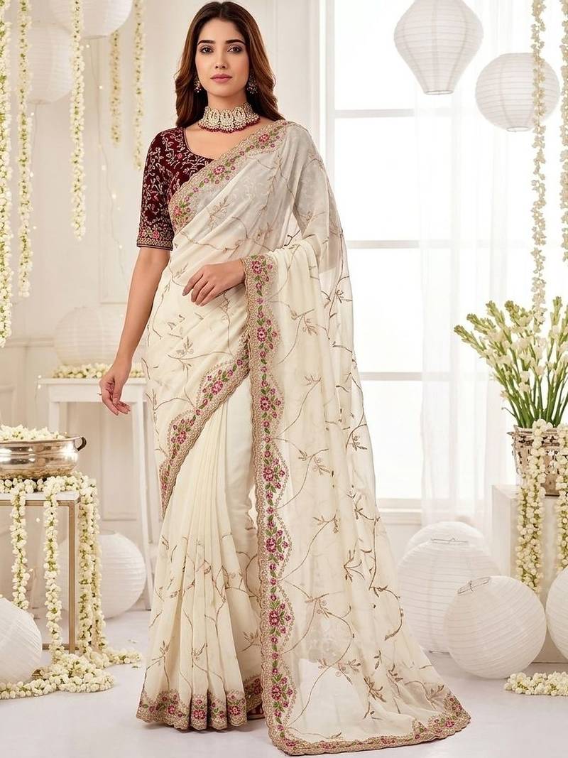 off_white floral embroidered poly georgette heavy work saree