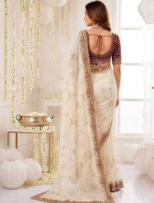 off_white floral embroidered poly georgette heavy work saree 2