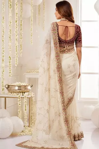 off_white floral embroidered poly georgette heavy work saree