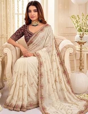 off_white floral embroidered poly georgette heavy work saree 3