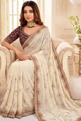 off_white floral embroidered poly georgette heavy work saree