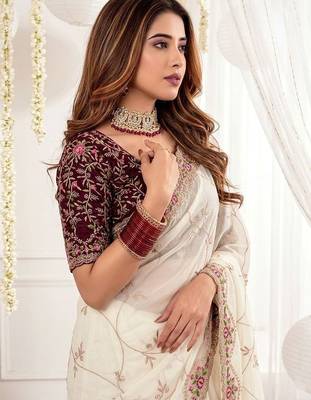 off_white floral embroidered poly georgette heavy work saree 4