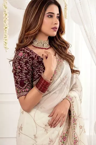 off_white floral embroidered poly georgette heavy work saree