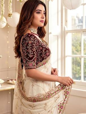 off_white floral embroidered poly georgette heavy work saree 5