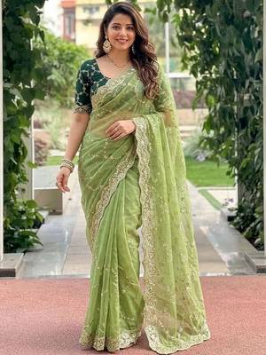 green embellished embroidered pure georgette heavy work saree 1