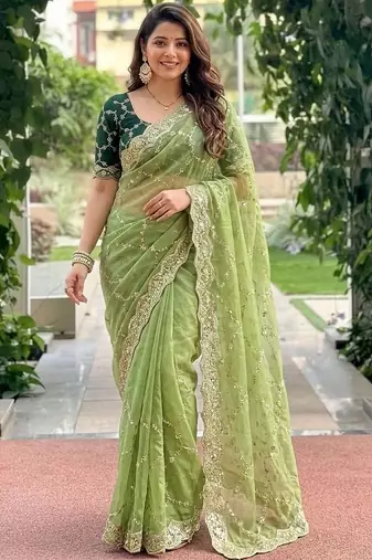 green embellished embroidered pure georgette heavy work saree