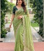 green embellished embroidered pure georgette heavy work saree