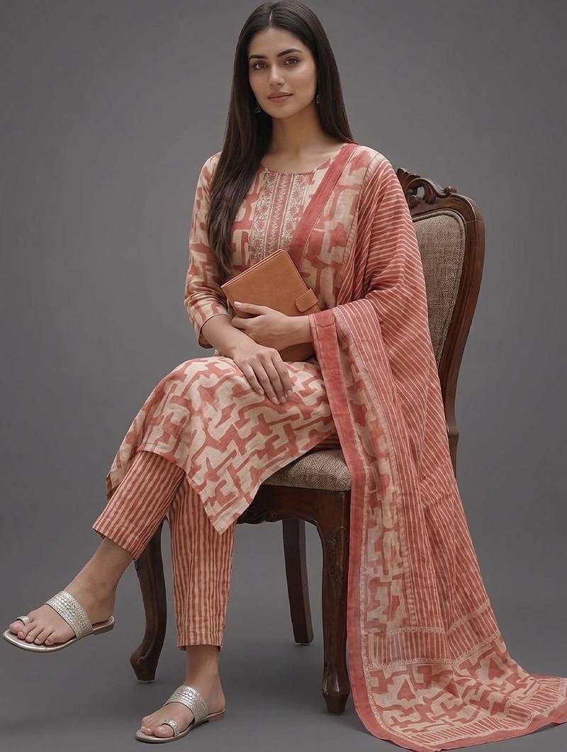 workwear women printed kurta with trousers with dupatta