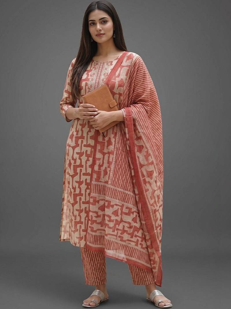 workwear women printed kurta with trousers with dupatta