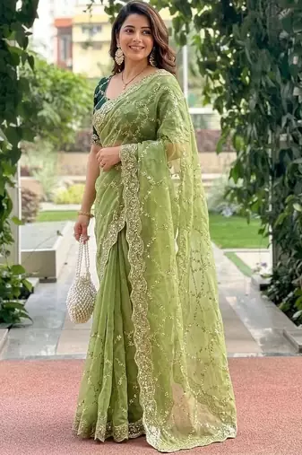 green embellished embroidered pure georgette heavy work saree