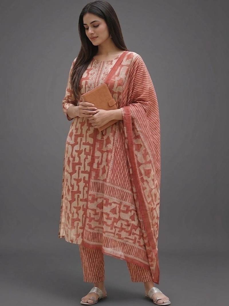 workwear women printed kurta with trousers with dupatta