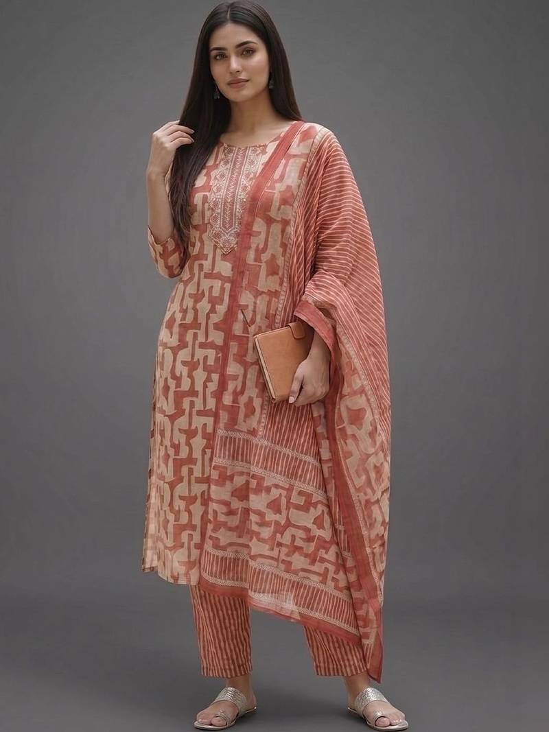 workwear women printed kurta with trousers with dupatta