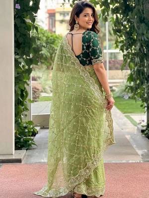 green embellished embroidered pure georgette heavy work saree 3