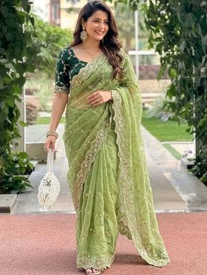 green embellished embroidered pure georgette heavy work saree 4