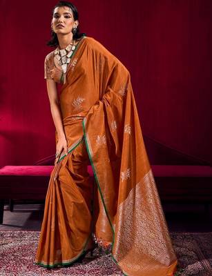 rust ethnic motifs woven design zari pure linen banarasi saree with blouse piece 1