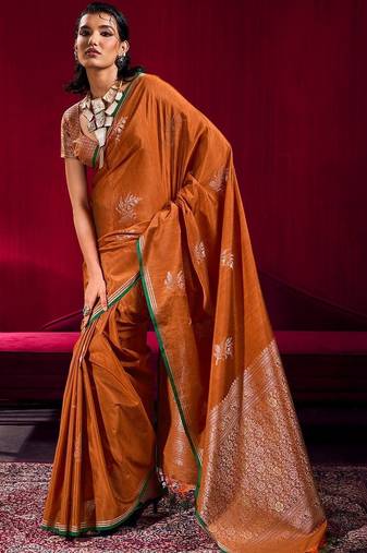 rust ethnic motifs woven design zari pure linen banarasi saree with blouse piece