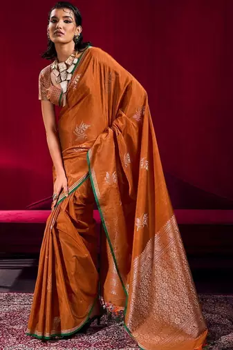 rust ethnic motifs woven design zari pure linen banarasi saree with blouse piece