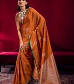 rust ethnic motifs woven design zari pure linen banarasi saree with blouse piece