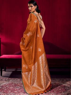rust ethnic motifs woven design zari pure linen banarasi saree with blouse piece 2