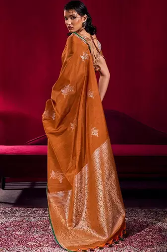 rust ethnic motifs woven design zari pure linen banarasi saree with blouse piece