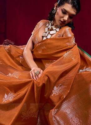 rust ethnic motifs woven design zari pure linen banarasi saree with blouse piece 3