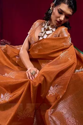 rust ethnic motifs woven design zari pure linen banarasi saree with blouse piece